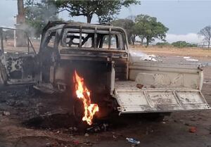 Police Land Cruiser on fire.